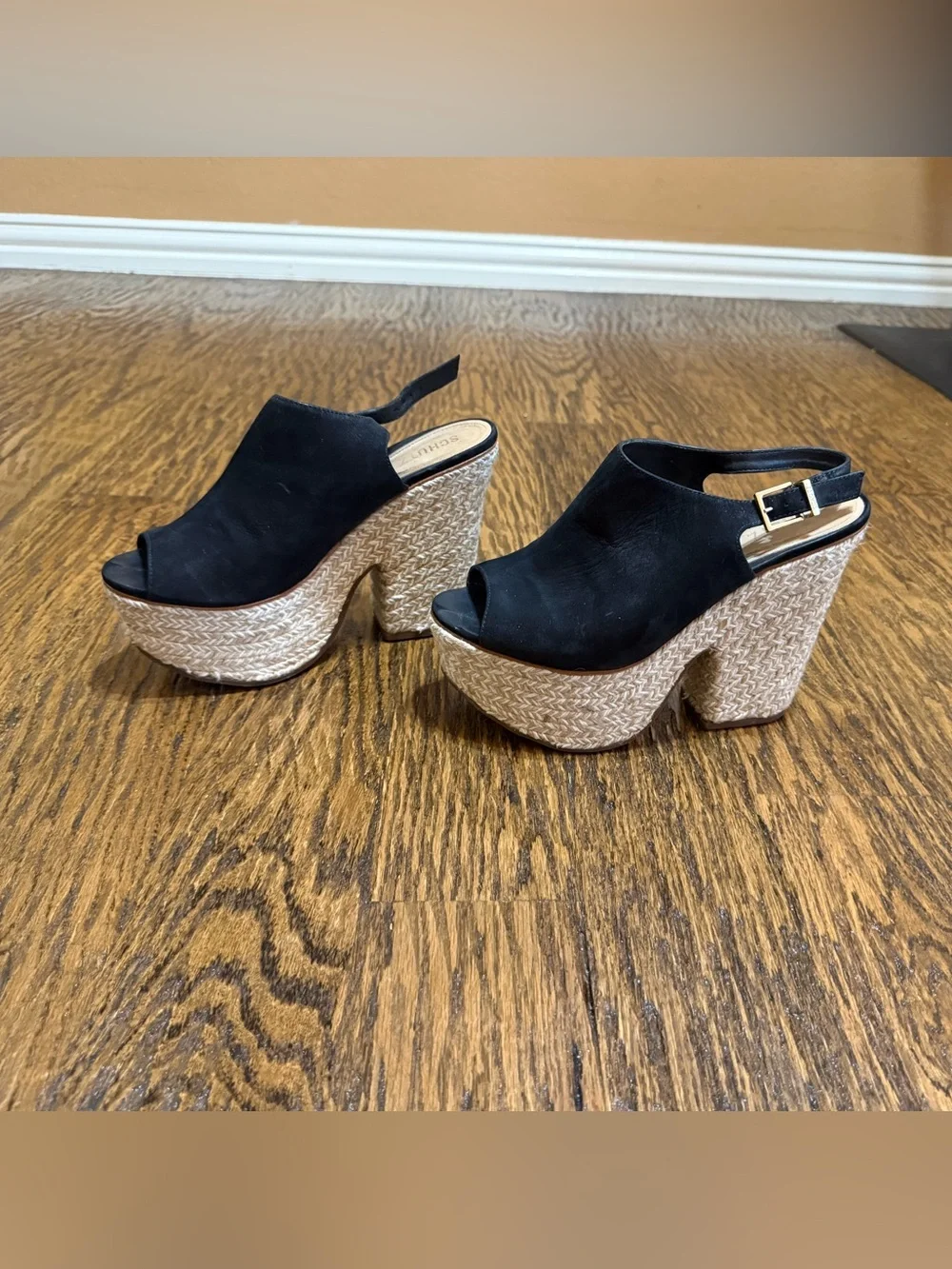 SCHUTZ Black Suede Wedge Espadrille Slingback Peep-Toe Sandals